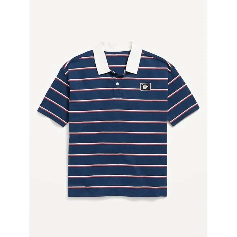 Old Navy Boys Navy Blue Striped Rugby Polo Shirt Shaka Patch Size L 10-12
